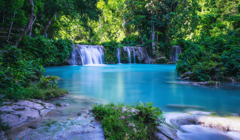 A serene view of Cambugahay Falls in Siquijor, Philippines, showcasing multiple cascading waterfalls surrounded by lush green foliage. The clear turquoise water forms a calm natural pool, reflecting the surrounding dense forest and adding to the tranquil ambiance of the scene. The area is peaceful, with sunlight filtering through the trees, enhancing the natural beauty of the falls.