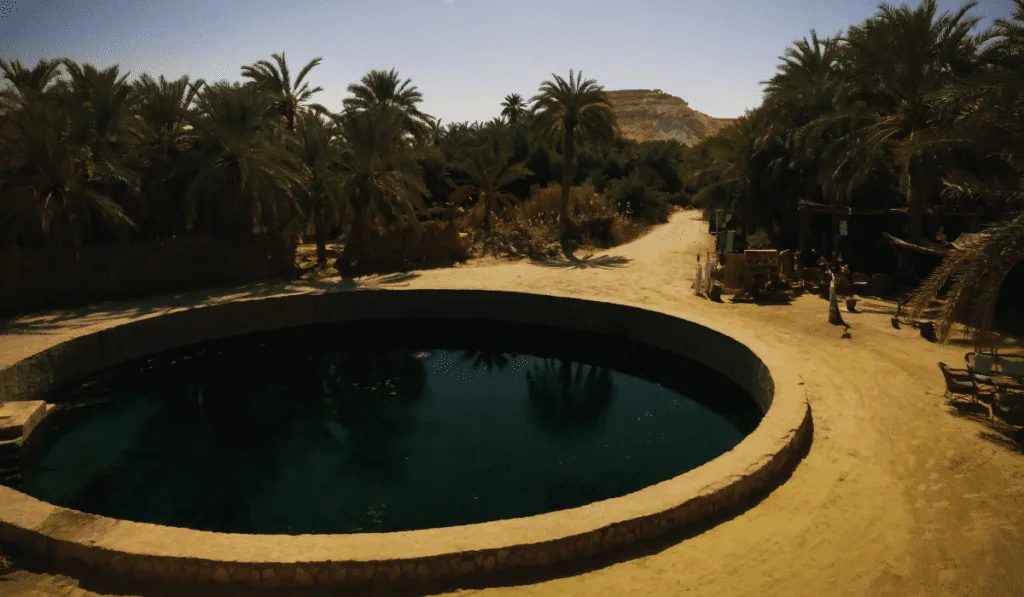 Cleopatra's Spring Cleopatra's Spring, a circular pool of dark water surrounded by a stone wall. Palm trees and a rocky mountain backdrop dominate the scene. The spring is located in a desert or arid region.