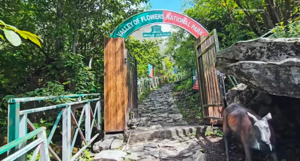 Entrance gate to Valley of Flowers trek National Park, featuring a stone walkway surrounded by lush green trees, open wooden gates, a UNESCO World Heritage sign, and a mountain goat standing beside a rocky outcrop.