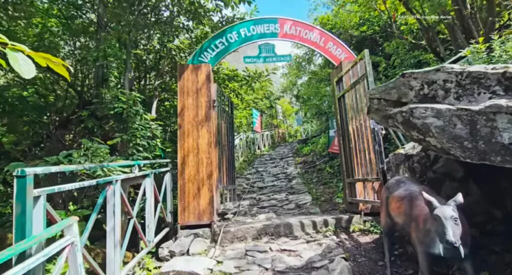Entrance gate to Valley of Flowers trek National Park, featuring a stone walkway surrounded by lush green trees, open wooden gates, a UNESCO World Heritage sign, and a mountain goat standing beside a rocky outcrop.