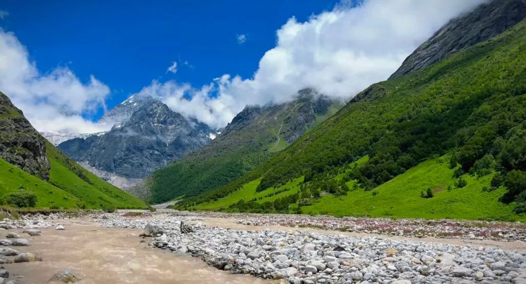 Snow-capped Himalayan peak rising above a lush green valley, with steep forested hillsides and a rocky riverbed under a bright blue sky and scattered white clouds, typical of the Valley of Flowers trek in Uttarakhand, India.