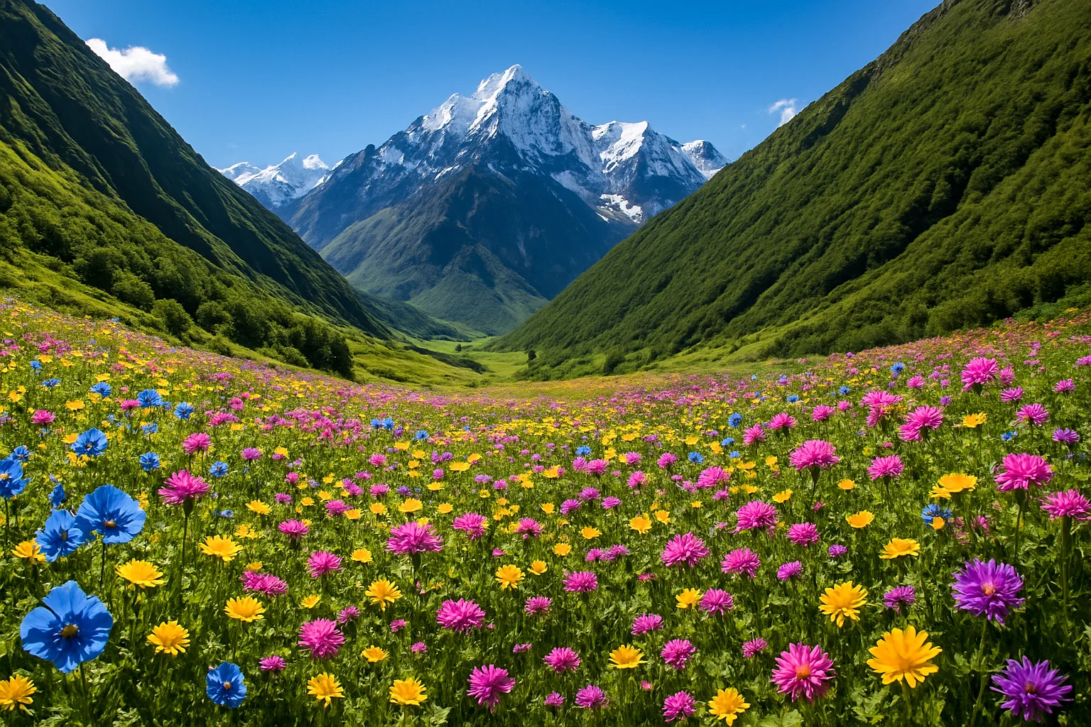Scenic view of the Valley of Flowers trek in Uttarakhand, India, with vibrant blooming wildflowers in pink, yellow, and blue colors set against lush green hills and snow-capped Himalayan mountains under a clear blue sky