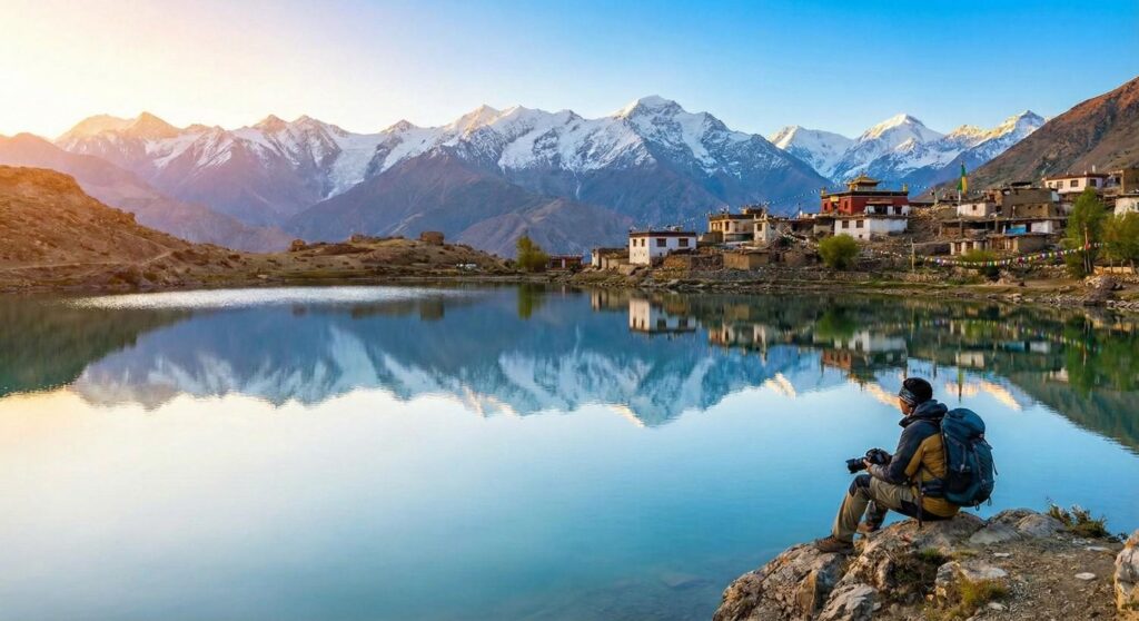 A backpacker sits on rocky terrain overlooking the serene Nako Lake in Kinnaur, Himachal Pradesh, with snow-capped Himalayan mountains reflected in the calm water. Traditional village houses and a monastery are visible along the lake shore under a clear blue sky, illustrating the tranquil beauty and cultural charm of this high-altitude Himalayan destination.
