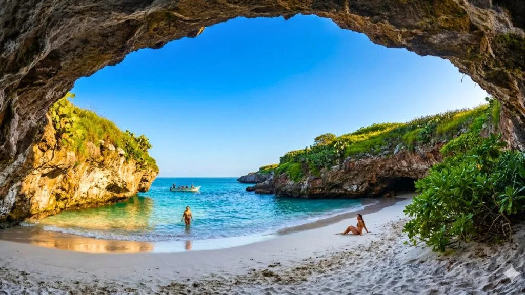 A wide-angle landscape photograph of the iconic 'Hidden Beach' (Playa del Amor) on the Marietas Islands, Nayarit, Mexico, during a bright, ideal weather day in the dry season. The perspective is from within the sandy crater, looking upwards through the large, irregular natural rock opening to a completely clear, deep blue sky. Soft, warm, golden hour sunlight from the morning illuminates the entire scene, casting beautiful shadows on the rugged cave walls and highlighting the pristine white sand beach inside. The hidden turquoise and emerald waters are exceptionally calm and crystalline, with small waves gently lapping onto the shore. No crowds are present, only a few distinct human figures (around 2-3 people) with smiles, one wading in the shallow water and another sitting relaxedly on the sand, enjoying the natural wonder, conveying tranquility and exclusivity. A small, eco-friendly panga (local tour boat) with a small group of tourists is visible in the clear open sea just beyond the cave entrance in the distance. The surrounding volcanic rock formations forming the island are lush and verdant, covered with healthy green grasses and diverse vegetation like prickly pear cacti and robust leafy shrubs. The image captures the feeling of a perfect, peaceful visit, showcasing the ideal climate and water clarity. The photographic style is natural, vibrant, and highly detailed, with sharp focus and a balanced composition.