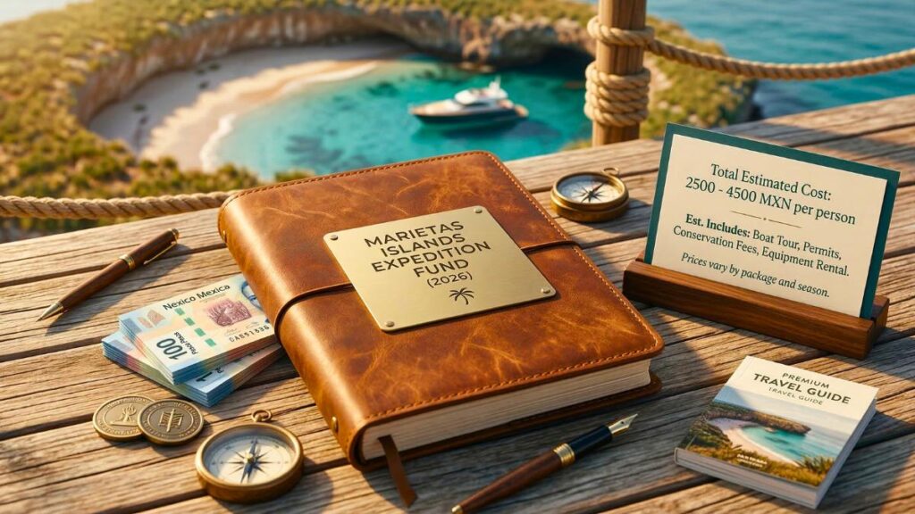 A premium travel planning setup on a wooden deck overlooking the Marietas Islands Hidden Beach. Features a leather journal titled 'Marietas Islands Expedition Fund 2026', Mexican Peso currency, a compass, and a card showing an estimated cost of 2500 - 4500 MXN per person.