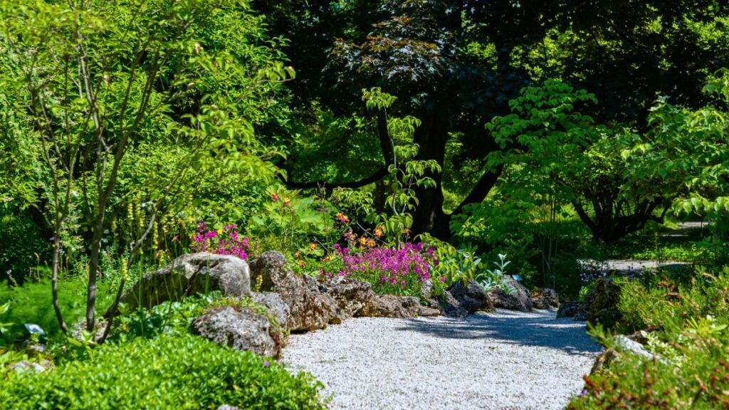 A serene garden scene with a pebble path winding through lush greenery and vibrant flowers. Sunlight filters through the trees, creating a peaceful atmosphere.